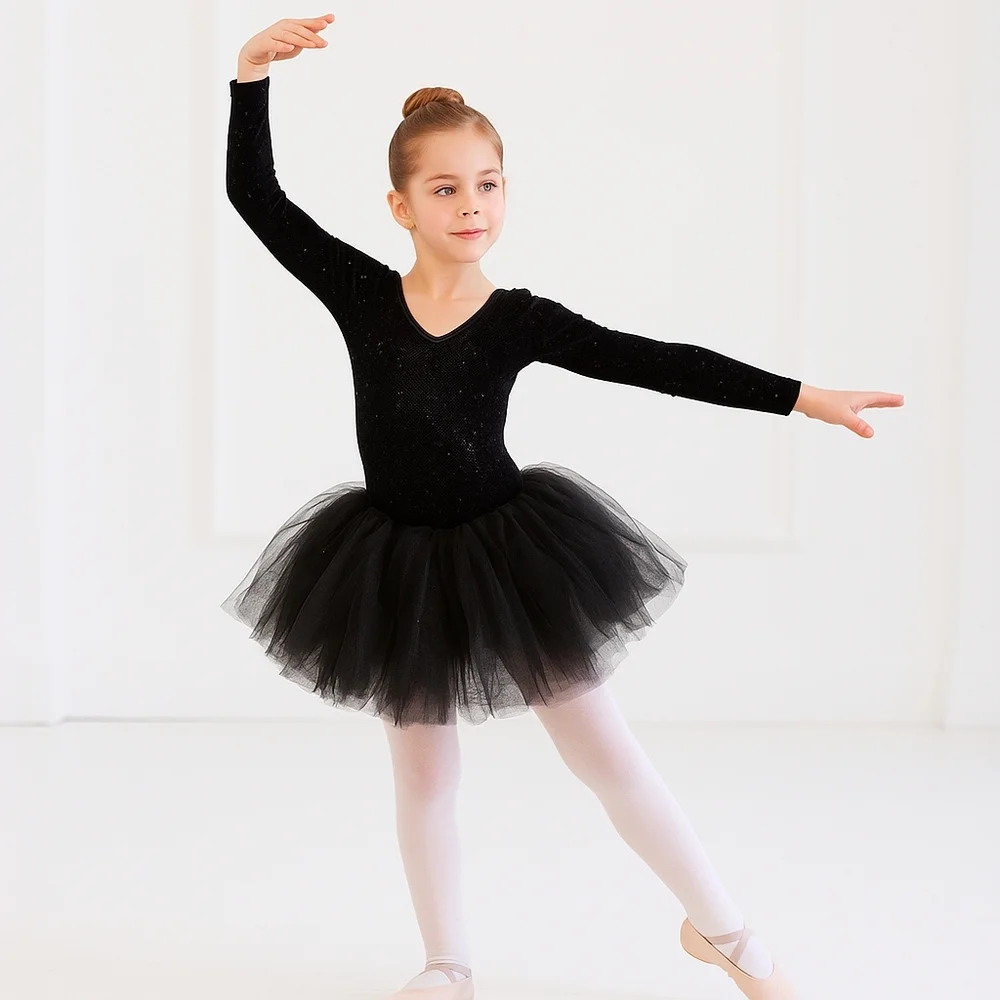 Cicci Girls Black Glitter Ballerina Costume 2-Pc Dance Leotard Tutu Skirt Sz 5-6
